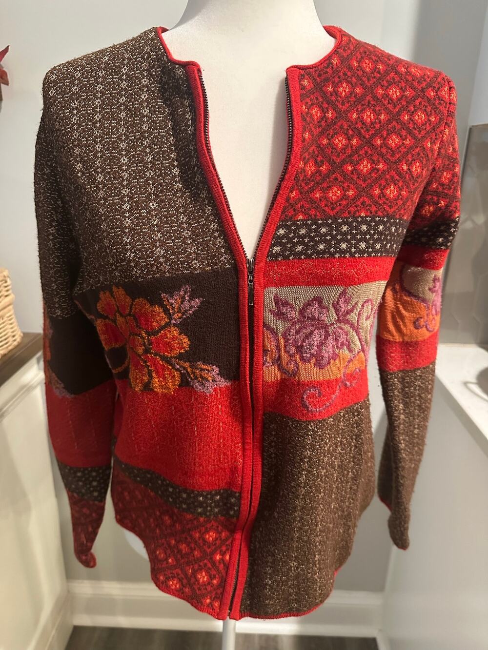 Vintage 90s August Max Wool Blend Cardigan M Patchwork Floral Boho Artsy Zip